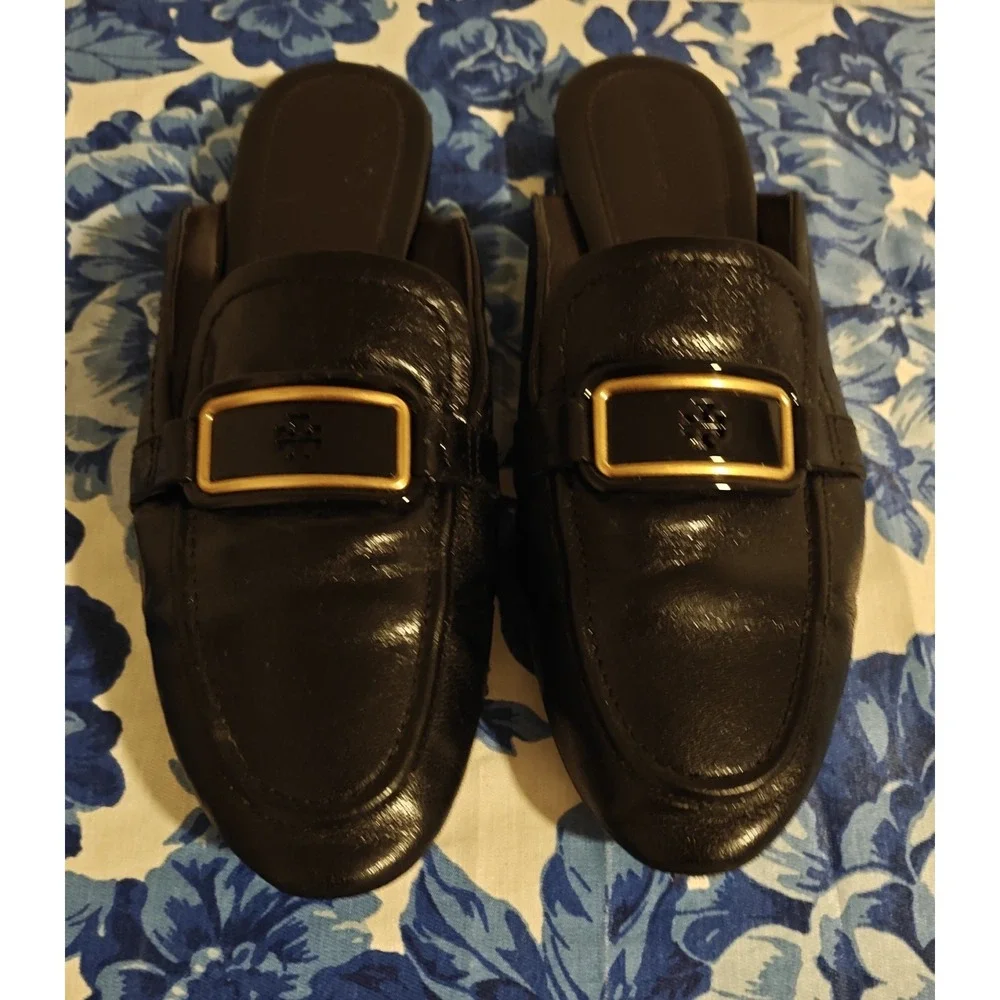 Tory Burch Georgia Backless Loafer Flats Mules Black Gold Logo Sz 10.5 M